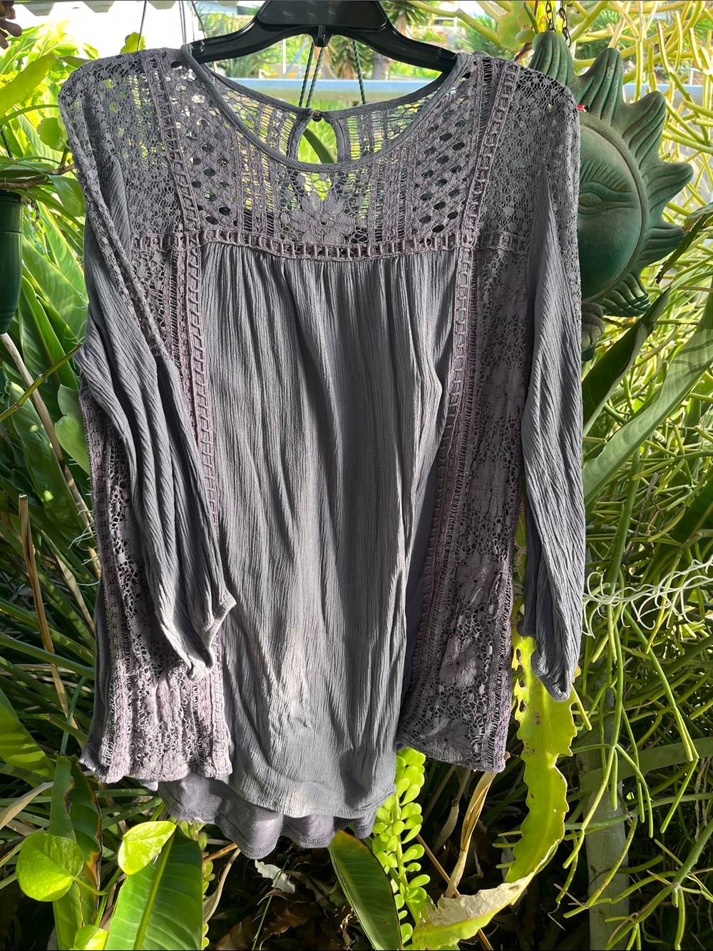Knox Rose Gray Lace Yoke Long Sleeve Blouse